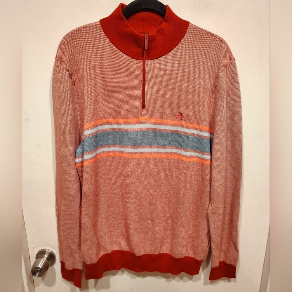 Penguin NWT Men's Maroon English Chest Stripe Quarter Zip Jumper Sz L Preppy